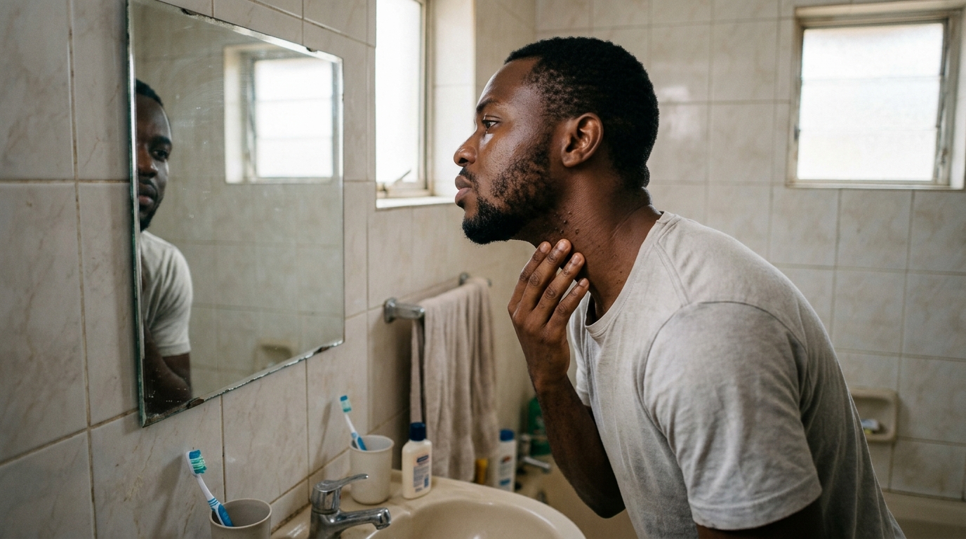 Young Nigerian man examining shaving bumps around his neck in a bathroom